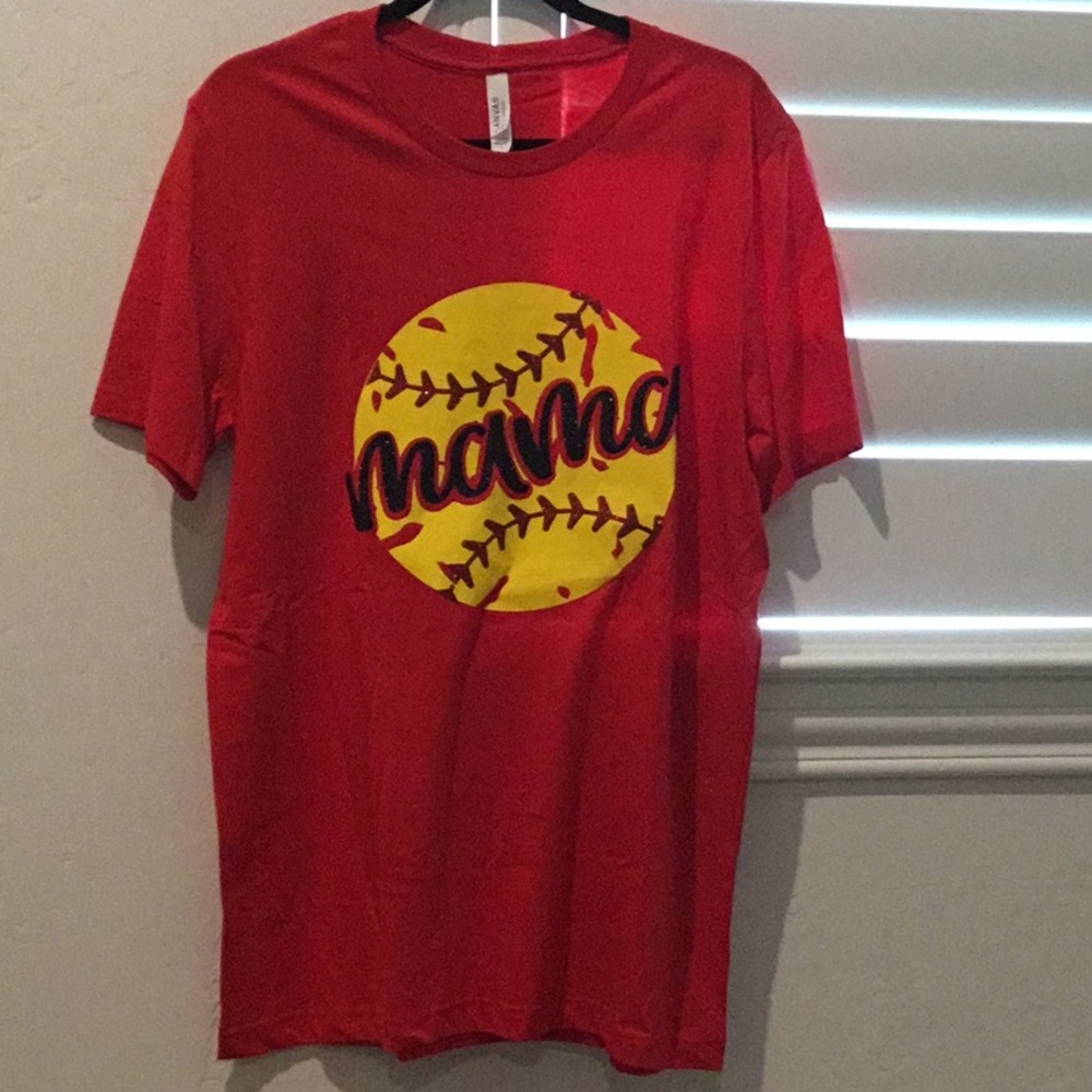 NWOT, Bella Canvas Softball Mama Red Tee with Yellow Graphic, size lg